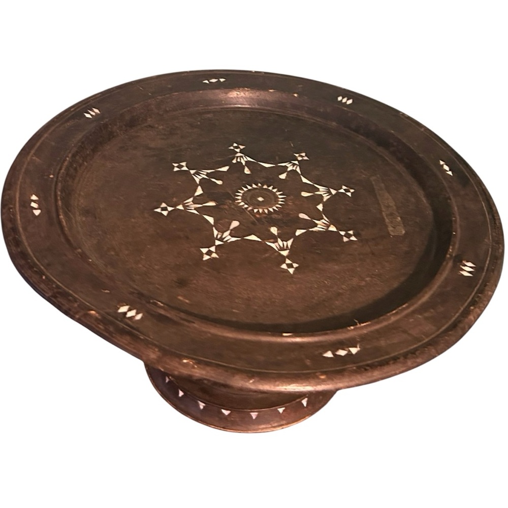 Antique Balinese Offering Tray Teakwood Mother of Pearl Inlay Round Pedestal